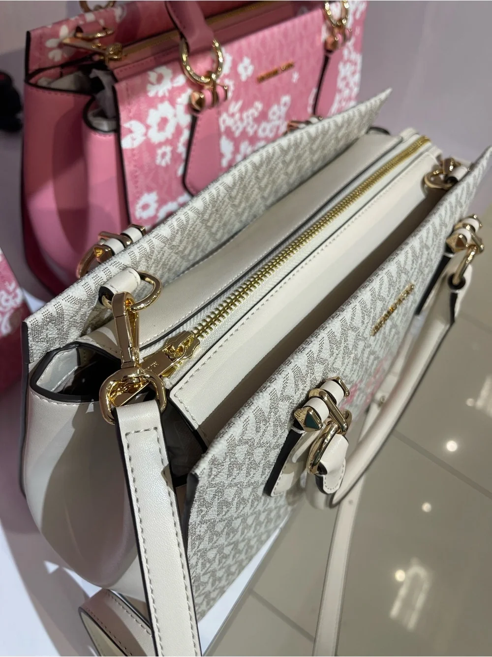 Michael Kors Marilyn Medium Embellished Signature Logo Satchel Light Cream  NWT